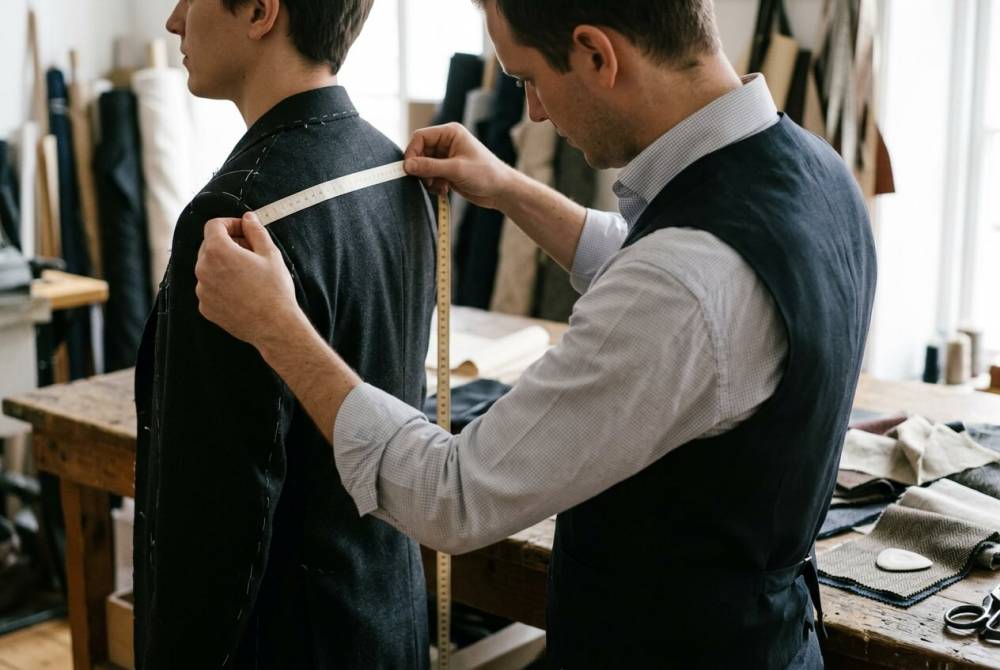Mains d'un tailleur prenant les mesures d'un client avec un mètre ruban pour un costume sur mesure