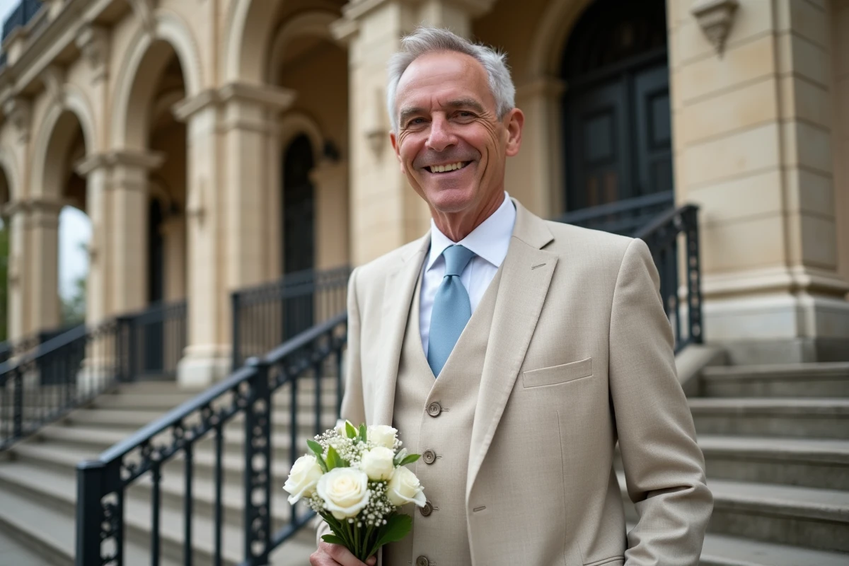 Acteur en costume beige tenant un bouquet de fleurs blanches devant un bâtiment parisien élégant lors d'un mariage