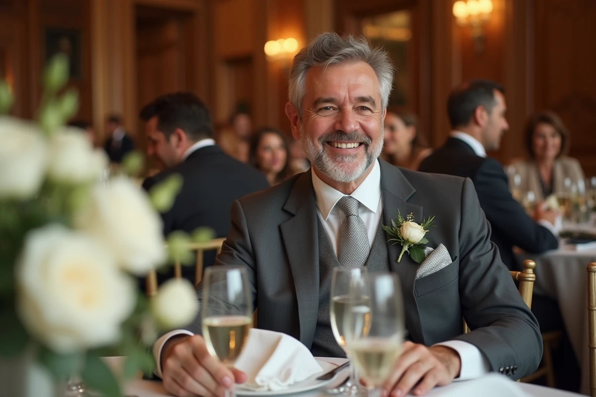 Acteur assis à une table de réception de mariage décorée avec des roses blanches et des verres en cristal