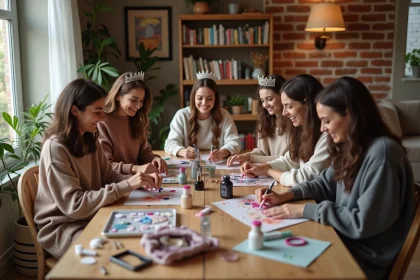 Groupe d'amies réunies autour d'une table pour une activité EVJF à la maison avec nail art et décoration DIY