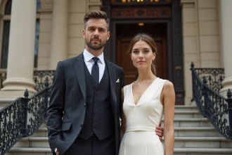 Adultes élégants devant un bâtiment historique