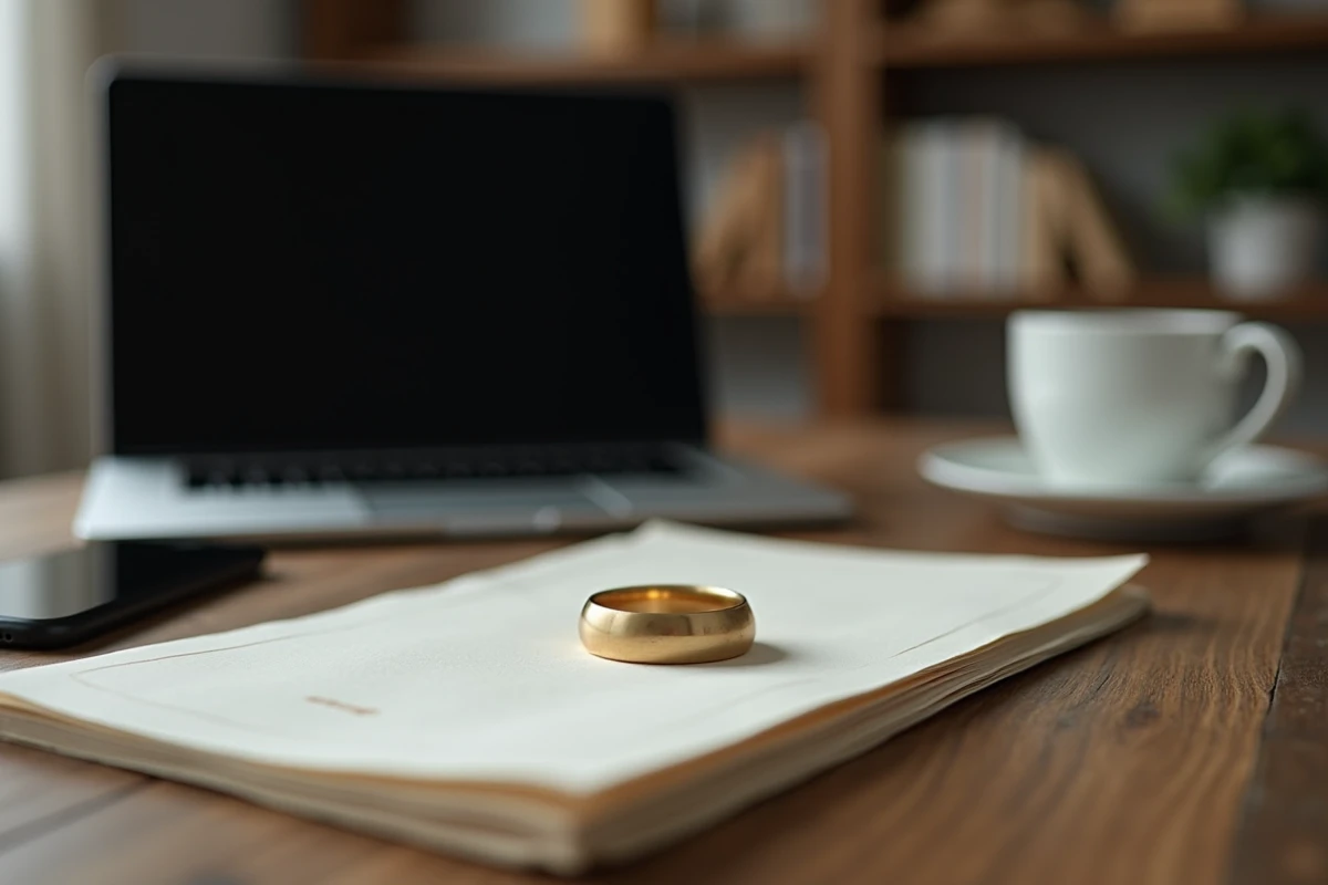 Alliance dorée posée sur des documents officiels évoquant un mariage secret et des questions d'état civil