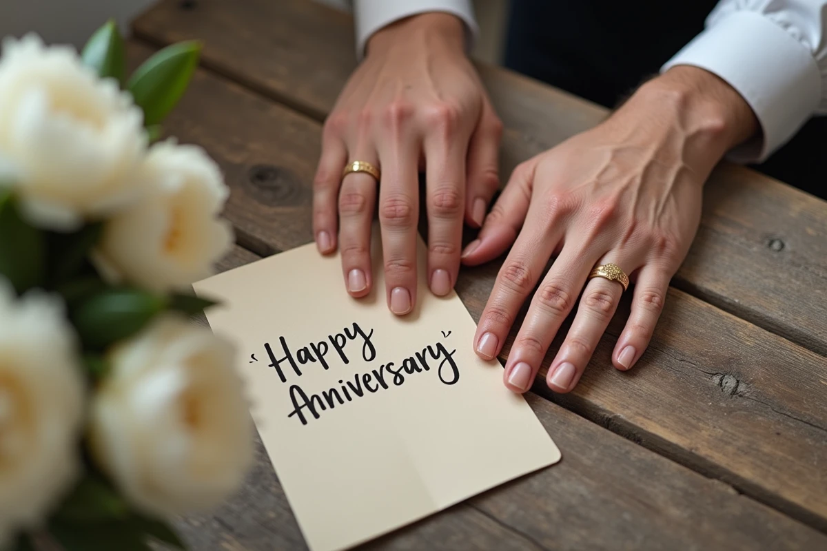 Mains de mariés portant des alliances dorées posées sur une table en bois avec une carte d'anniversaire de mariage écrite à la main