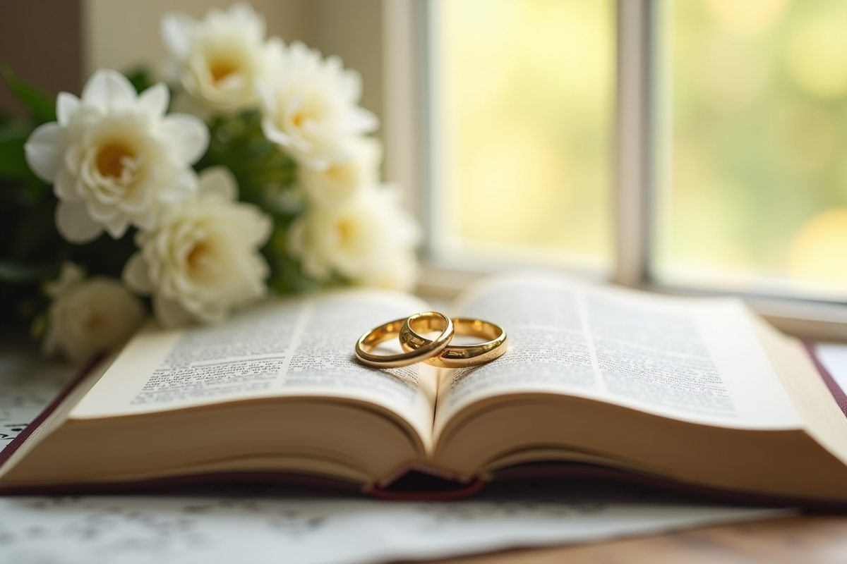 Alliances entrelacées sur un livre avec fleurs blanches et lumière naturelle