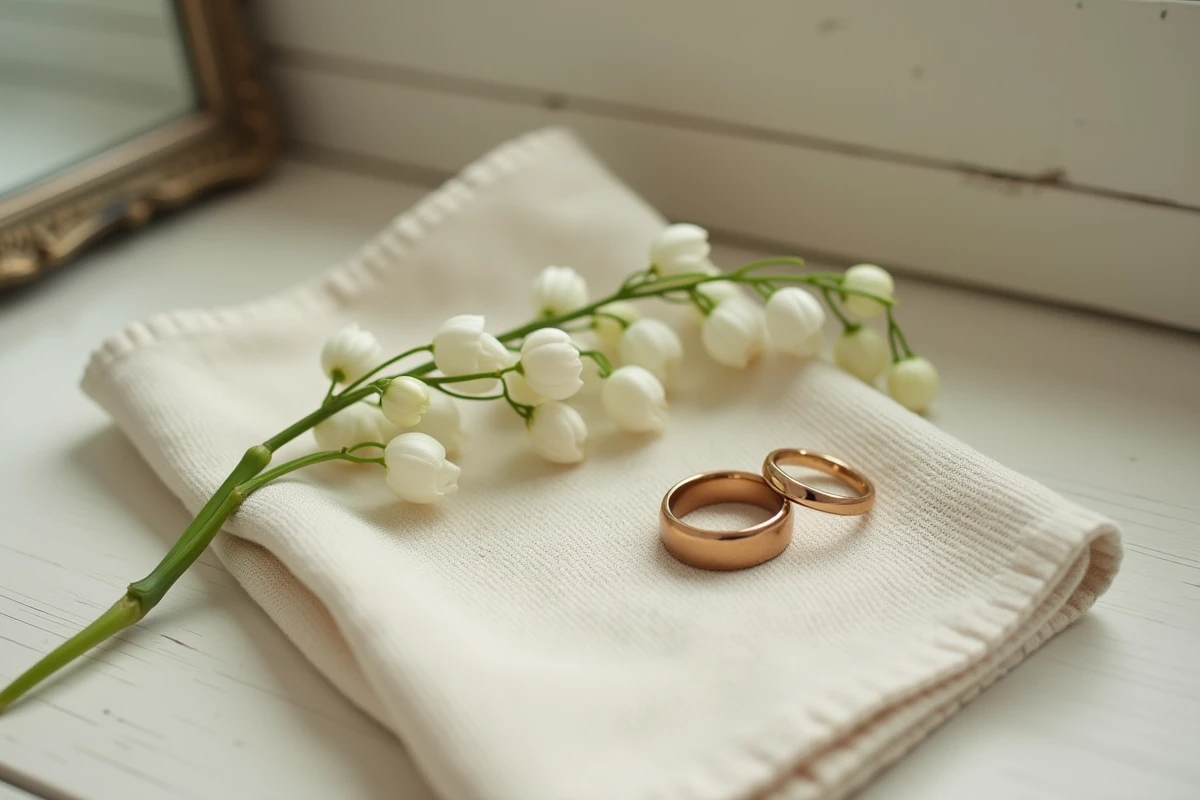 Alliances de mariage posées sur une surface en bois ancien avec muguet blanc et lin crème