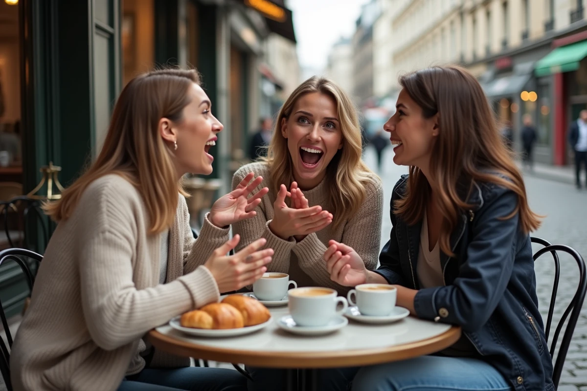 Groupe d'amis surpris discutant d'une rumeur de mariage dans un café parisien en terrasse