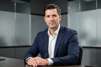 Animateur de télévision assis à un bureau de plateau de tournage moderne, air professionnel et posé, ambiance studio journalistique