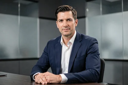 Animateur de télévision assis à un bureau de plateau de tournage moderne, air professionnel et posé, ambiance studio journalistique