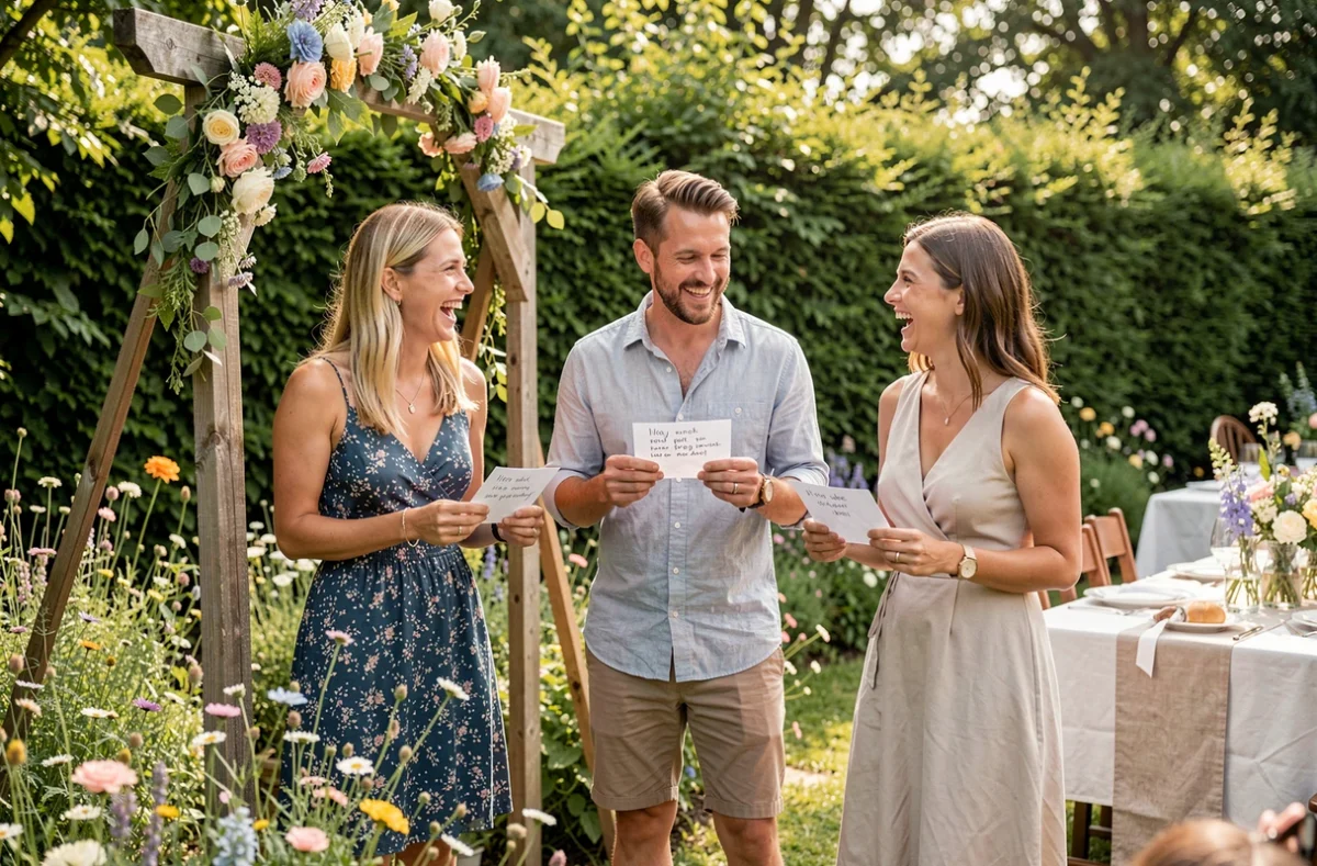 Groupe d'amis répétant une animation originale de témoin de mariage dans un jardin fleuri décoré