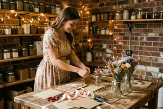 Jeune femme préparant des activités DIY pour un mariage à petit budget avec des fournitures artisanales sur une table en bois rustique