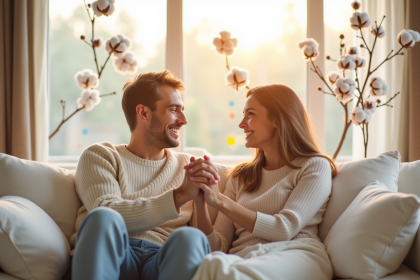 Couple heureux célébrant leur anniversaire coton à la maison
