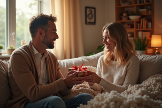 Couple heureux célébrant leur septième anniversaire de mariage à la maison
