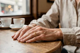Femme portant une bague dorée à l'annulaire droit, posant ses mains sur une table en bois dans un café parisien
