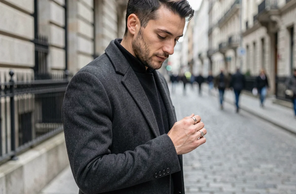 Homme portant une bague en argent à l'annulaire droit, dans une rue pavée européenne avec un manteau gris anthracite