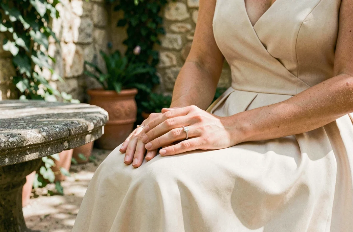 Mains d'une mariée portant une alliance et une bague de fiançailles solitaire dans une cour provençale en pierre