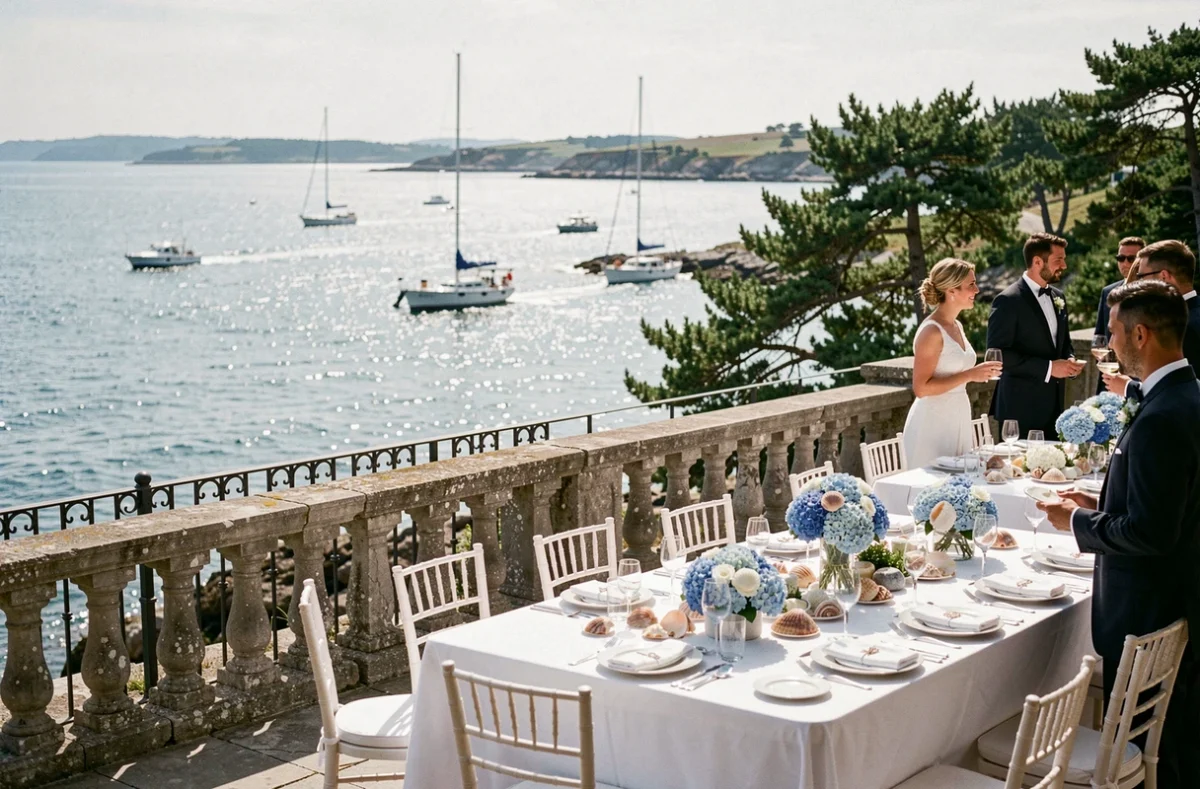 La Baie des Anges dans le Morbihan, terrasse de mariage avec vue sur le golfe du Morbihan et décoration nautique florale