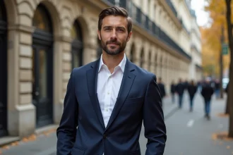 Portrait d'un homme politique français élégant en costume bleu marine devant un immeuble haussmannien parisien, ambiance éditoriale