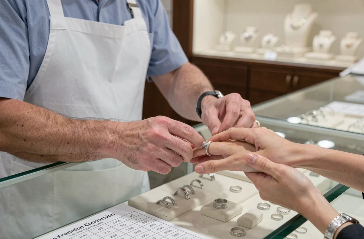 Bijoutier mesurant la taille de bague d'un client avec un mandrin gradué dans une bijouterie