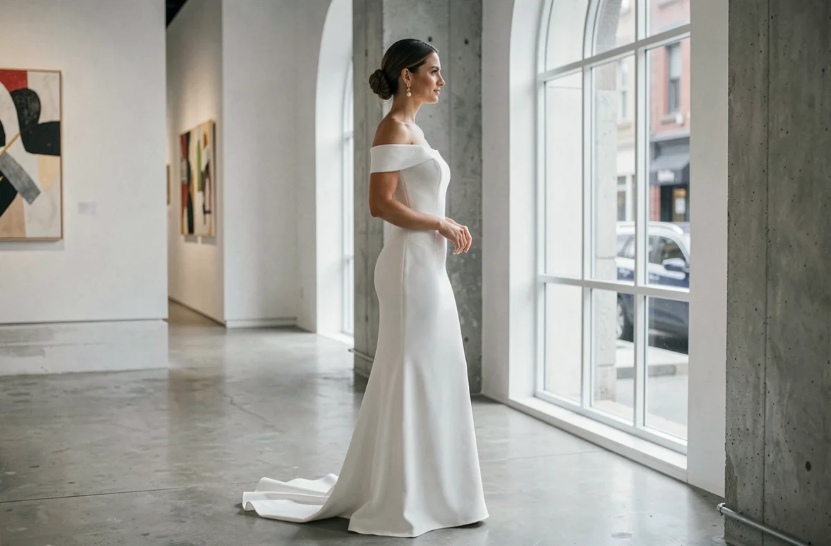Mariée moderne en robe bustier blanche avec boucles d'oreilles en perle dans une galerie d'art contemporaine