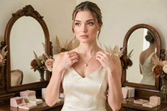 Mariée élégante ajustant un délicat collier doré devant un miroir vintage dans une suite nuptiale décorée avec raffinement
