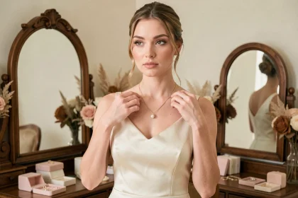 Mariée élégante ajustant un délicat collier doré devant un miroir vintage dans une suite nuptiale décorée avec raffinement