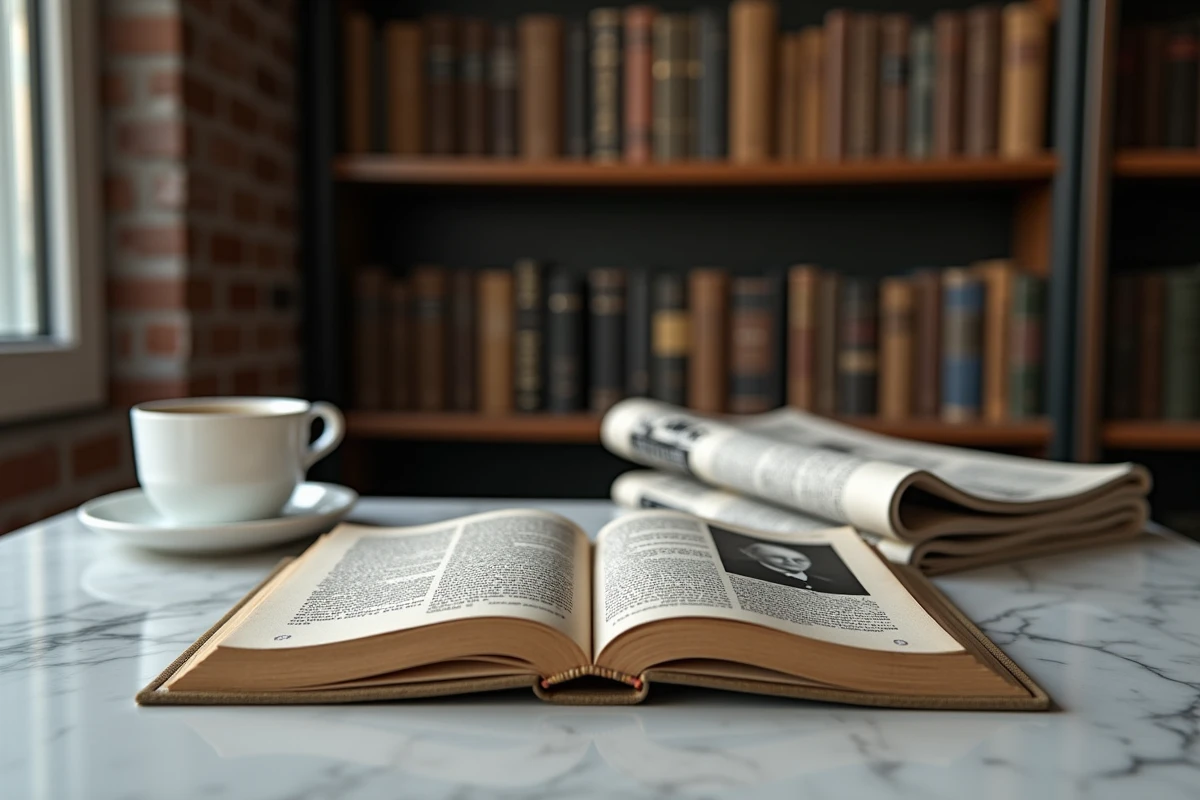 Biographie ouverte posée sur un bureau en marbre avec une tasse d'espresso et un journal français, atmosphère intellectuelle et éditoriale