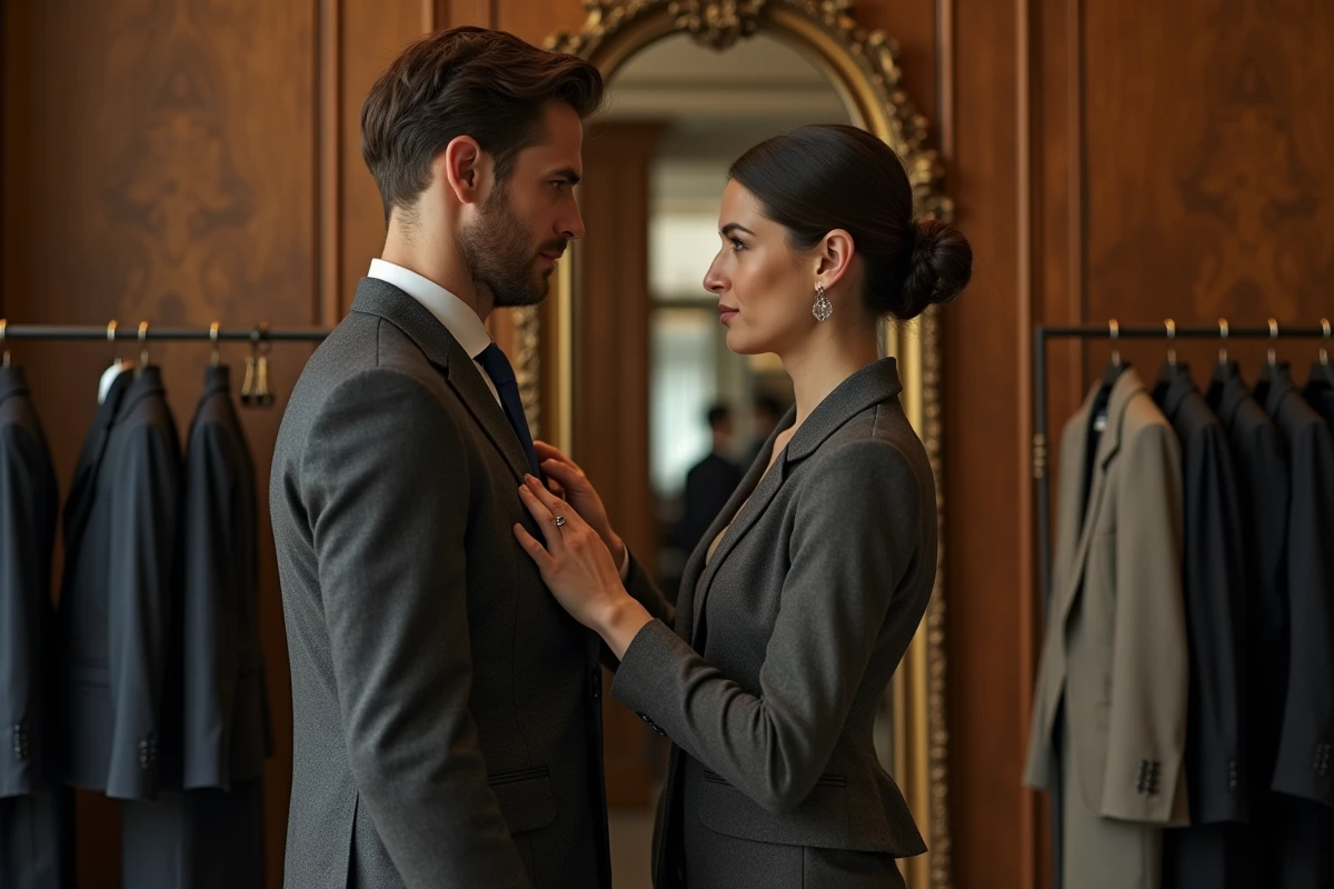 Couple dans une boutique de location de costume de mariage parisienne essayant une tenue élégante