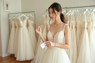 Mariée en robe de dentelle ivoire tenant une étiquette de prix dans une boutique de robes de mariage