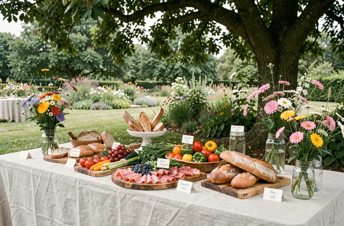 Table de buffet mariage champêtre économique avec charcuterie, légumes et pain artisanal dans un jardin en France