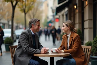 Couple détendu dans un café parisien en extérieur