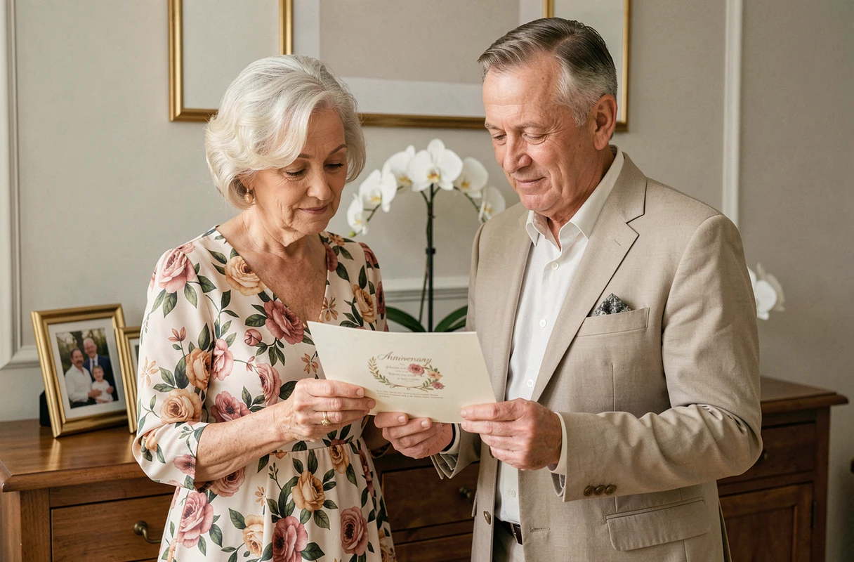 Couple de personnes âgées tenant une carte d'anniversaire de mariage entourés de photos de famille et d'orchidées blanches