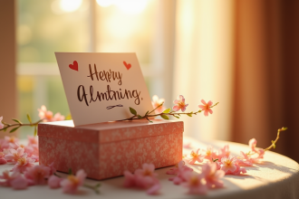 Carte manuscrite sur boîte cadeau avec fleurs et lumière douce