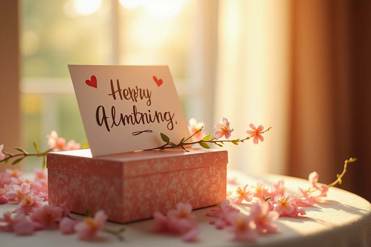 Carte manuscrite sur boîte cadeau avec fleurs et lumière douce