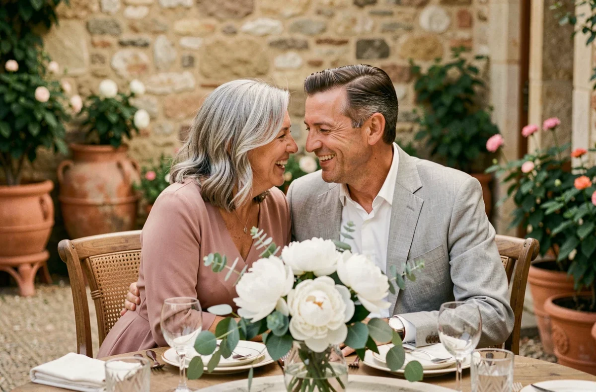 Couple marié depuis 25 ans célébrant le renouvellement de leurs vœux lors d'un dîner en jardin provençal