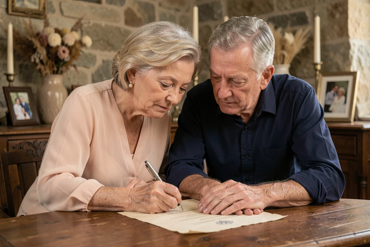 Couple mature signant un certificat de renouvellement de vœux sur une table en bois ancien dans une pièce au décor élégant et nostalgique