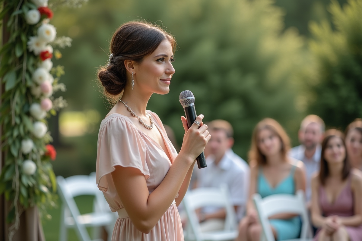 Femme chanteuse de mariage dans un jardin fleuri