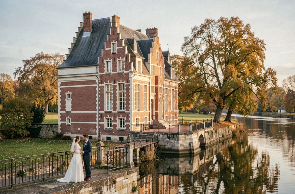Château de Bourgogne à Pecq, couple de mariés sur la terrasse en bord de l'Escaut avec façade en brique flamande