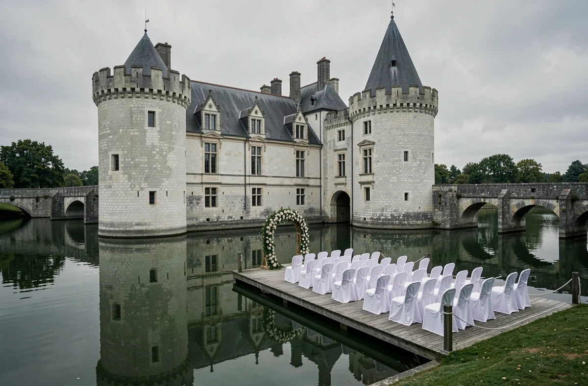 Château de Couturelle, cérémonie de mariage sur une estrade au bord des douves avec reflet du château médiéval