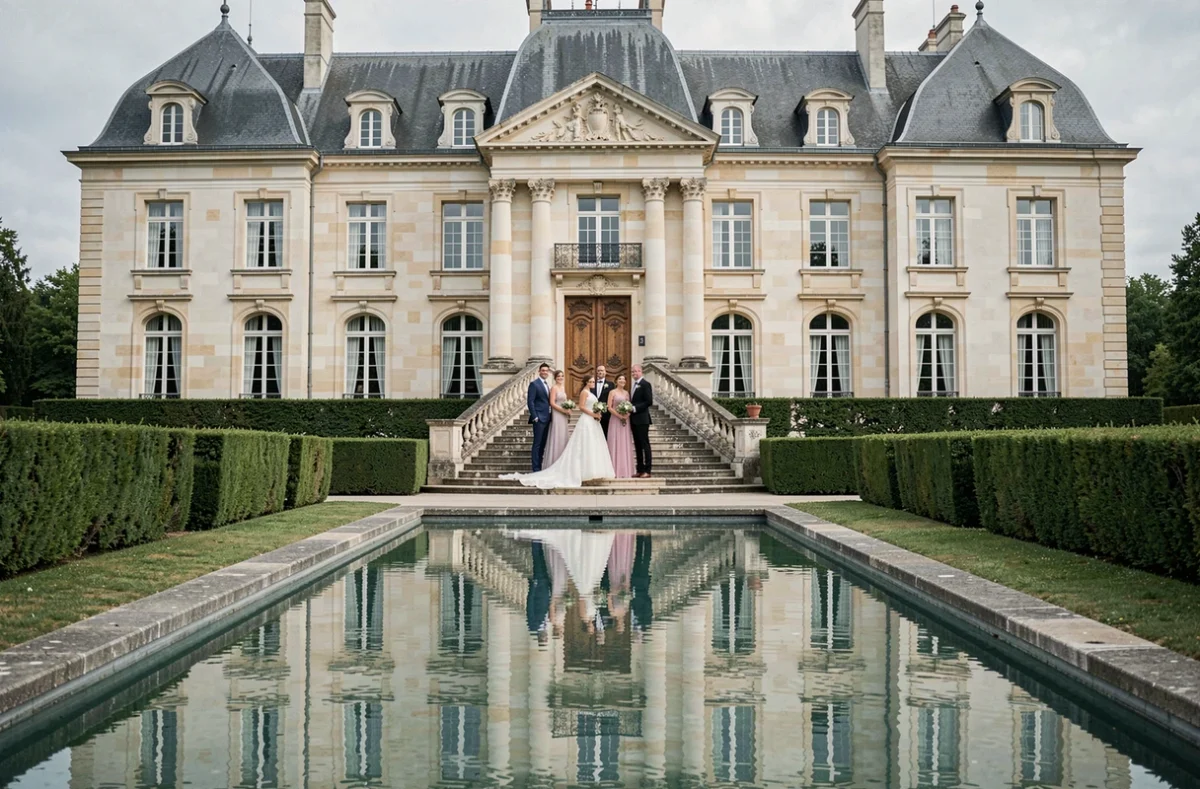 Château de Prémesques, façade classique avec escalier en pierre et reflet dans le bassin lors d'une réception de mariage