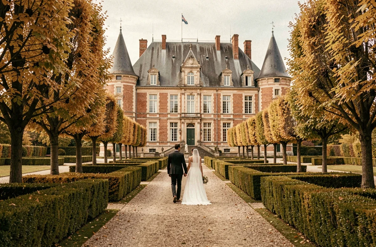 Château du Biez dans le Nord, couple de mariés sur une allée arborée devant la façade flamande à tourelles