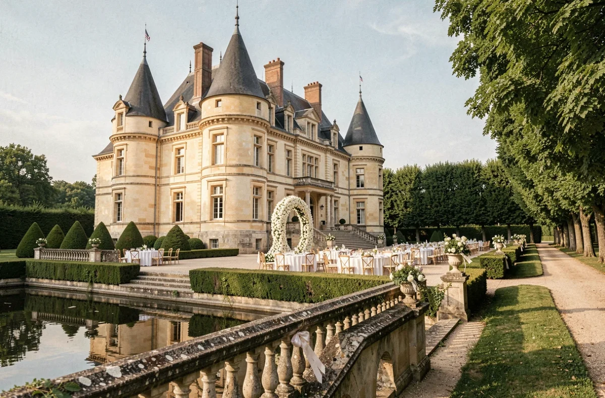 Château de Lannouan dans le Morbihan, façade historique à tourelles avec décoration de cérémonie de mariage sur l'esplanade
