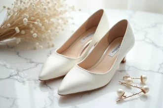 Chaussures de mariée à petit talon en satin ivoire posées sur marbre blanc avec accessoires nuptiaux