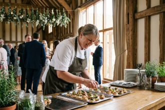 Chef souriante en cuisine préparant des hors d'oeuvres élégants