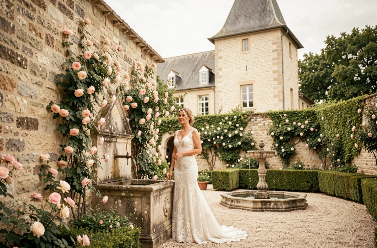 La Claire Fontaine Le Colombier, mariée près d'un puits en pierre dans un jardin clos avec tour colombier en brique