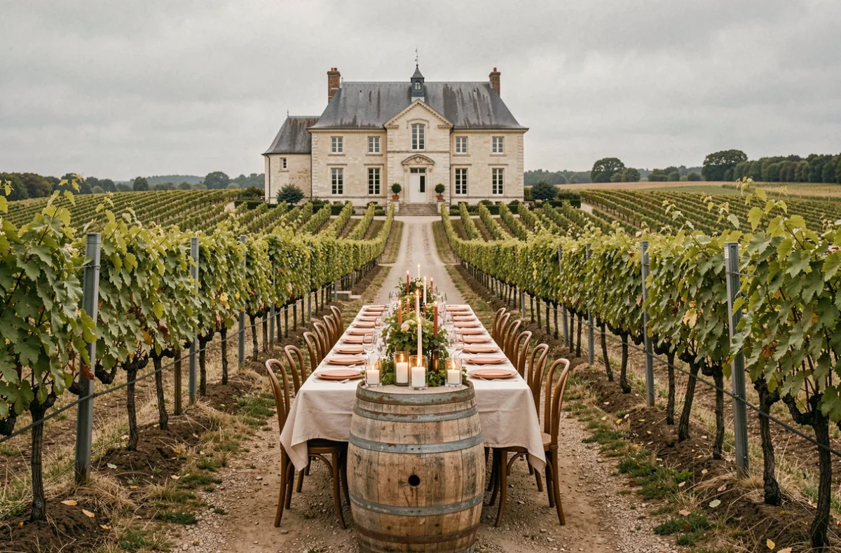 Clos Barthélemy Château d'Éterpigny, table de réception de mariage dans les vignes avec manoir en calcaire en arrière-plan