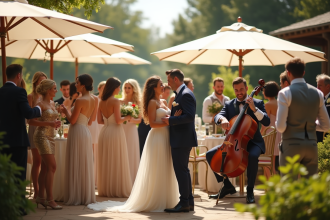 Cocktail de mariage élégant en extérieur avec groupe de musique