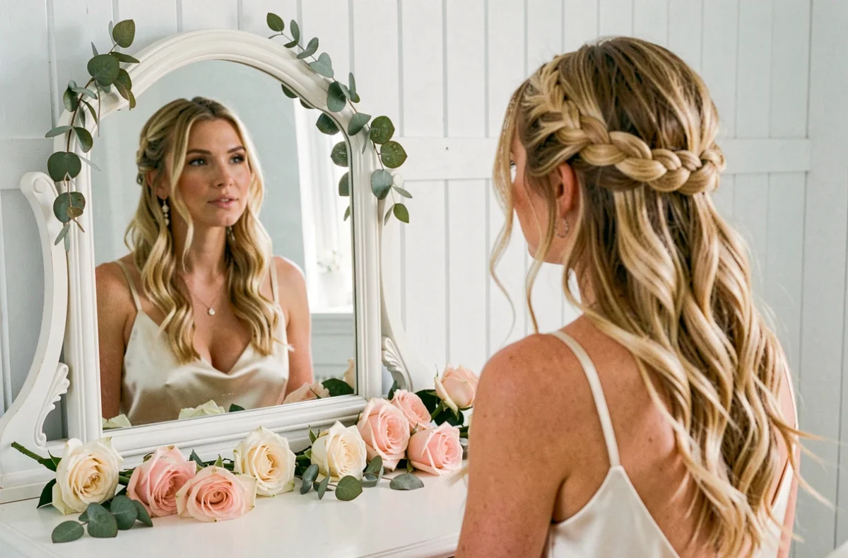 Coiffure mariage bohème demi-queue tresse couronne avec mèches folles pour mariée blonde