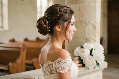 Coiffure mariage chignon bas avec tresse française et épingles en perle sur robe de mariée en dentelle