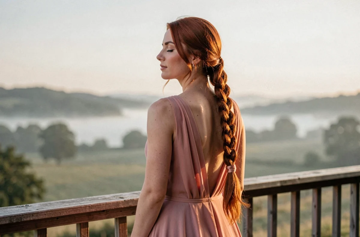 Coiffure mariage tresse épis de blé côté avec ruban satin sur mariée rousse face à un paysage de campagne