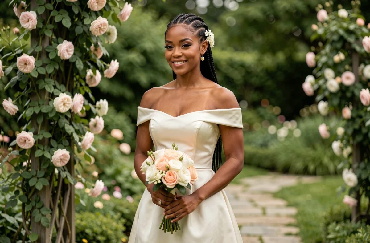 Coiffure mariage tresse élaborée avec fleurs de jasmin blanc sur mariée en robe de satin ivoire dans un jardin